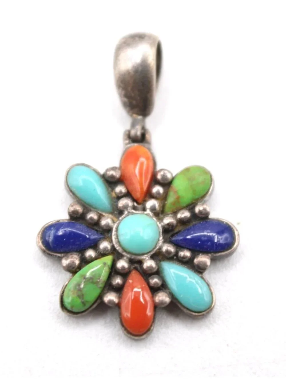 Vtg 925 Sterling Silver Multicolor Gemstone Flower Pendant Turquoise Lapis More
